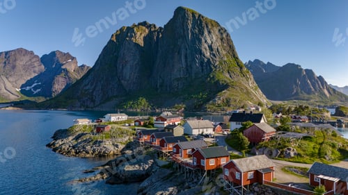 Preview: Red Cabins Nestled in the Norwegian Mountains, Hamnoy Lofoten Norway