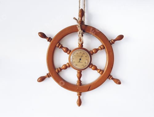Preview: Wooden ship steering wheel, helm, hanging on white wall.