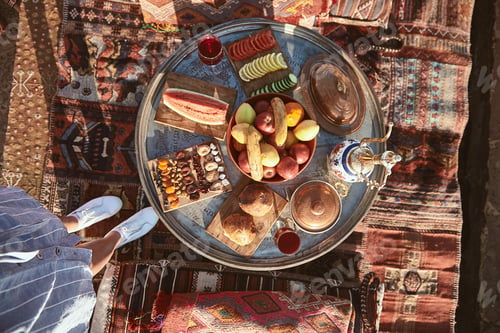 Preview: Top view of traditional turkish hotel breakfast with fruits