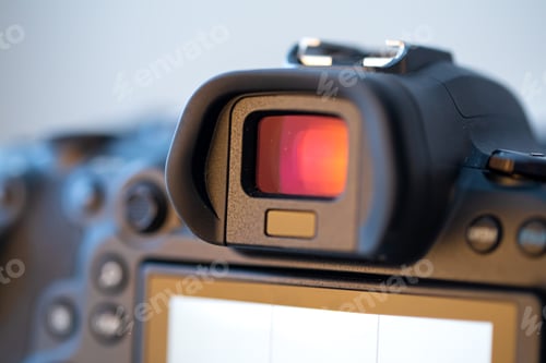 Preview: Close up viewfinder of a professional digital camera.