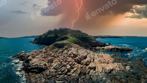 Preview: Panorama ashore on a peninsula in the Black Sea in Bulgaria under a stormy sky