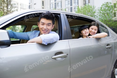 Preview: Happy young family in a car