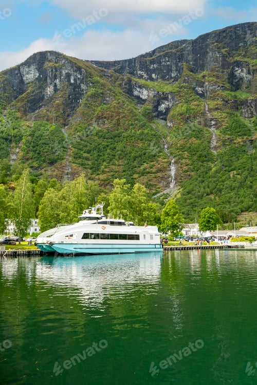 Preview: Modern tourist catamaran docked in scenic Flam fjord