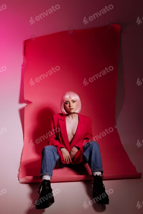 Preview: Woman sitting on a pink background, stylish, confident pose.
