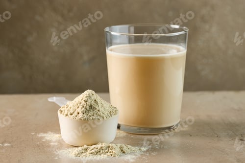 Preview: protein powder and glass. dry mixture for preparation of sporting or dietary drink.