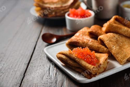 Preview: Russian pancakes blini with red caviar
