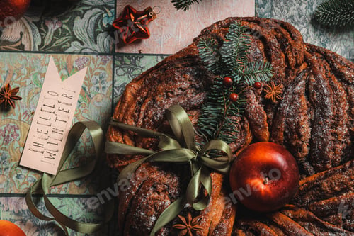 Preview: Cinnamon sugar round brioche with hole inside on the table decorated with apples and christmas toys