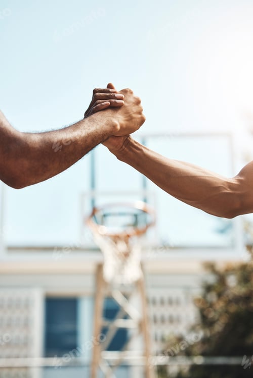 Preview: Basketball men handshake before game at sport court for good luck, agreement and support. Sports, f