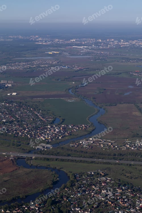 Preview: bird's eye view of the city forest and fields