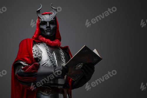 Preview: Dark cultist with book and black mask against grey background
