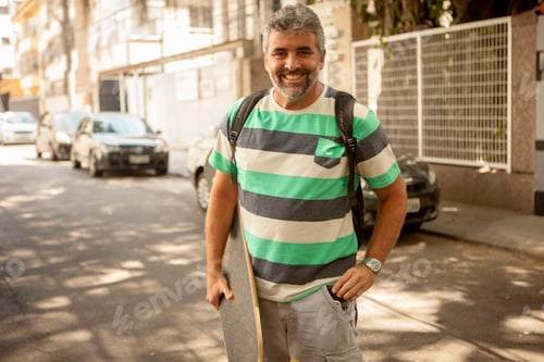 Preview: Portrait of mature man carrying skateboard, Rio De Janeiro, Brazil