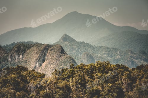 Preview: Thailand autumn forest aerial: mountains ranges with jungle. Exotic deciduous trees on hills at Asia