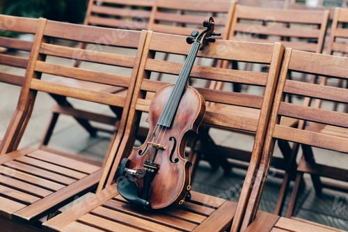 Preview: Violin on wooden chair in garden. Preparation for concert or performance