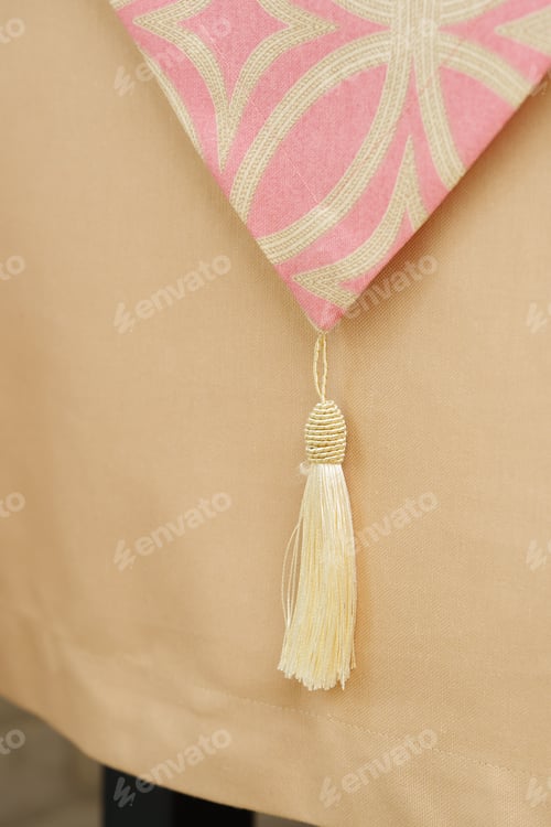 Preview: Beige Tablecloth on Wooden Table With White Brick Wall Background