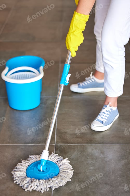 Preview: Woman, mop or bucket in floor cleaning at home or office building by cleaner service, maid or house