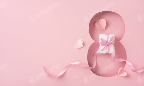 Preview: Creative eight-shaped design featuring a gift with ribbons and small hearts on pink background