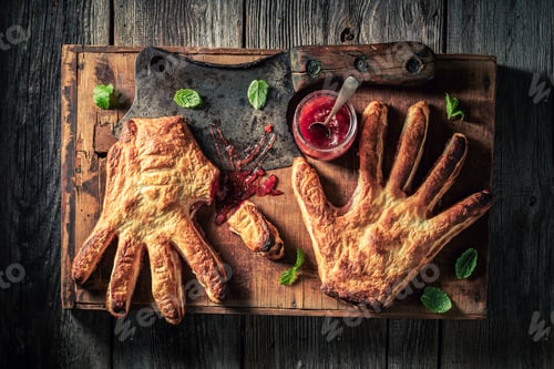 Preview: Weird hand cake with strawberry jam as liking concept