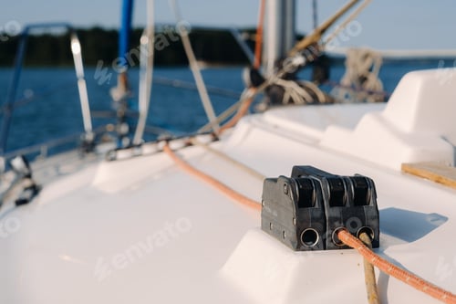 Preview: rope on the winch of a white yacht in the sea.yacht equipment