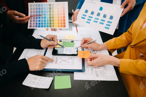 Preview: UX developer and ui designer brainstorming about mobile app interface wireframe design