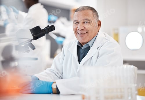 Preview: Science, laboratory and portrait of senior scientist with microscope for research, medical study an