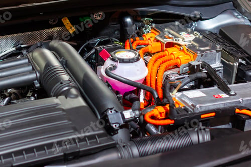 Preview: Under the hood of a hybrid or electric car. Detail of electric car engine