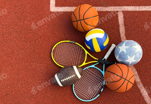Preview: A variety of sports equipment including an american football, a soccer ball, a tennis racket, a