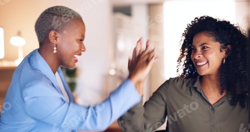 Preview: Collaboration, high five and business women in the office working together on a corporate project.