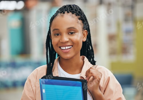 Preview: Black woman portrait, university student and college campus to learning, studying and school educat