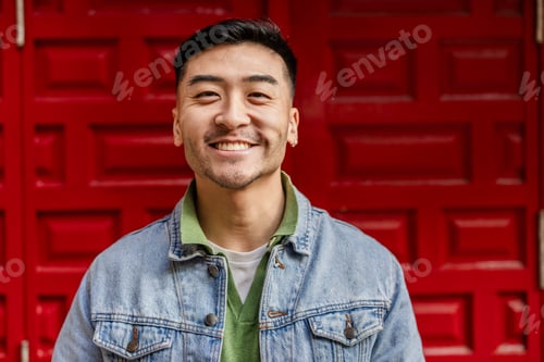 Preview: close up portrait of young adult of asian ethnicity looking at camera smiling on red background