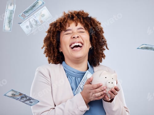 Preview: Happy woman with money rain, piggy bank and savings in studio, finance and budget with dollar inves