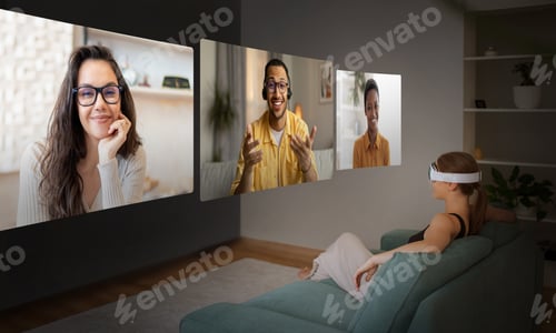 Preview: Woman Wearing Virtual Reality Headset Having Video Conference At Home