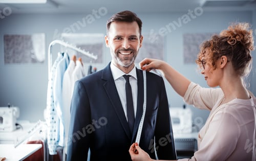 Preview: Professional tailor using tape to measuring client for sewing suit at fashion design studio