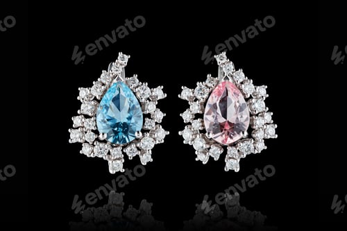 Preview: earrings silver, gold with stone aquamarine and morganite, diamonds on black background