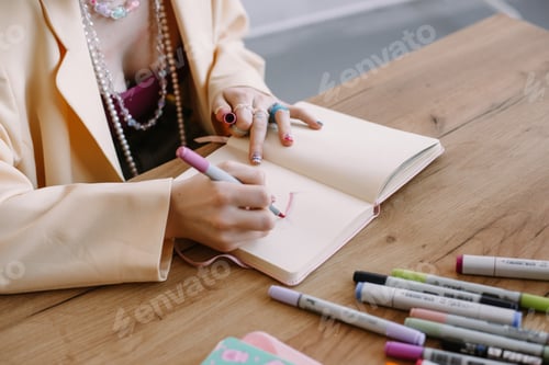 Preview: workplace of art student, drawing with markers at workplace