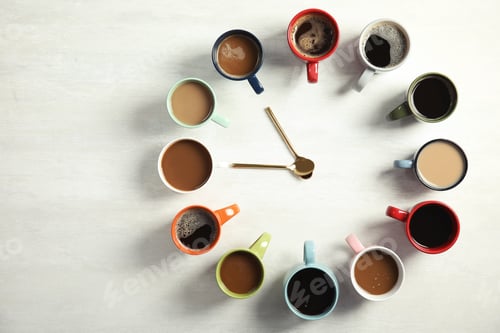Preview: Flat lay composition with cups of coffee on light background. Food photography