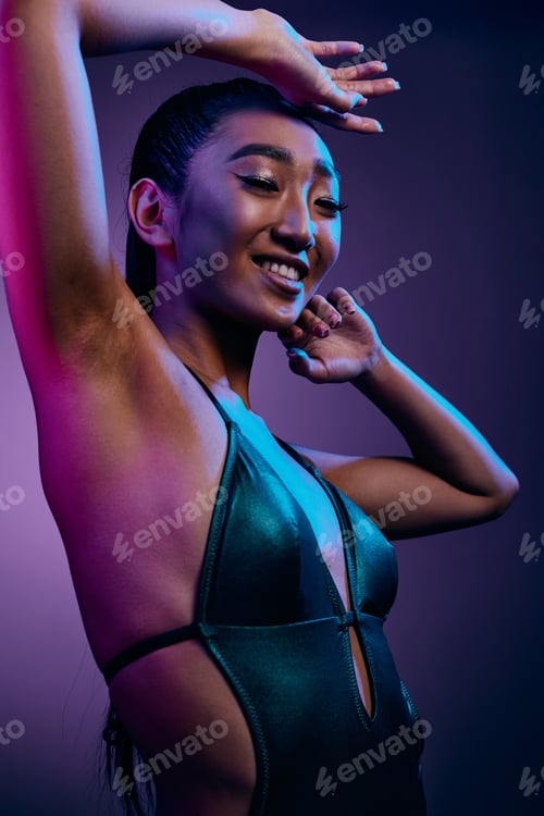 Preview: Neon woman trendy fashion blue elegant disco beauty purple colorful light