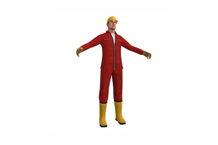 Preview: Construction worker in red jumpsuit and yellow hard hat, arms extended