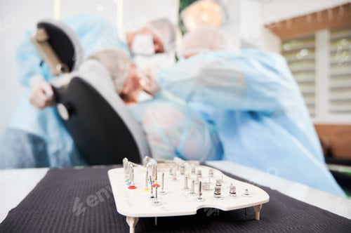 Preview: Dentist and his assistant working with a patient in a dentist chair in dentist office