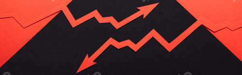 Preview: panoramic shot of paper cur recession and increase arrows on black and red background
