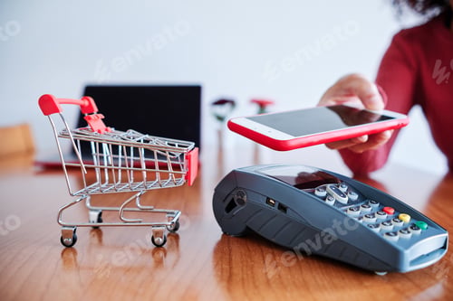Preview: woman hand using mobile phone to pay contactless