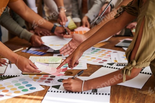 Preview: Creative, hands and color palette on pointing in meeting, planning or brainstorming design strategy