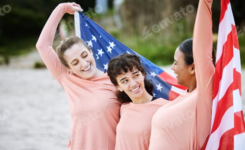 Preview: Volleyball woman, team and american flag at beach, happiness and pride for celebration, winning or