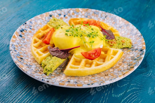 Preview: belgian waffles with poached egg and avocado