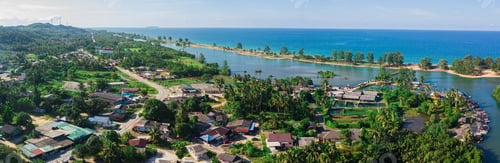 Preview: Panoramic aerial drone view of river and sea in Pantai Angin Berbisik, Marang, Terengganu, Malaysia
