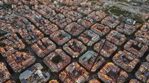 Preview: Aerial view of typical buildings of Barcelona cityscape. Eixample residential famous urban grid