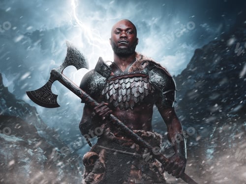 Preview: Violent african viking with axe in background of blizzard mountains