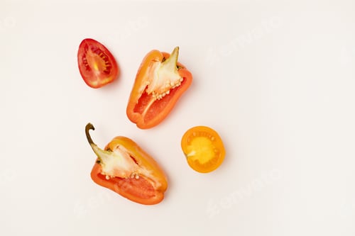 Preview: Fresh cut tomatoes and peppers top view on a white background. Flat lay composition