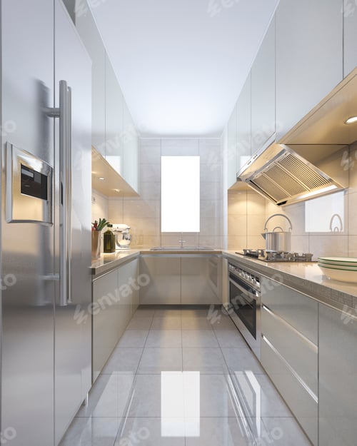 Preview: 3d rendering scandinavian vintage modern kitchen with dining area