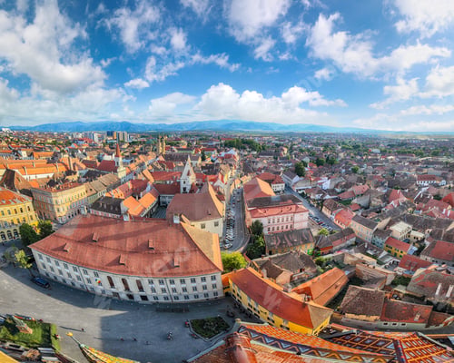 Preview: Amazing View from bell tower of St Mary Cathedral on the Old Town in Sibiu city.