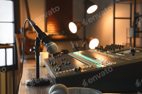 Preview: Professional audio equipment in modern radio studio